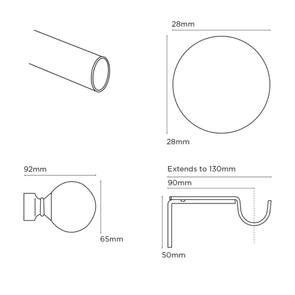 28mm Eyelet Ball Pole 240cm Satin Silver