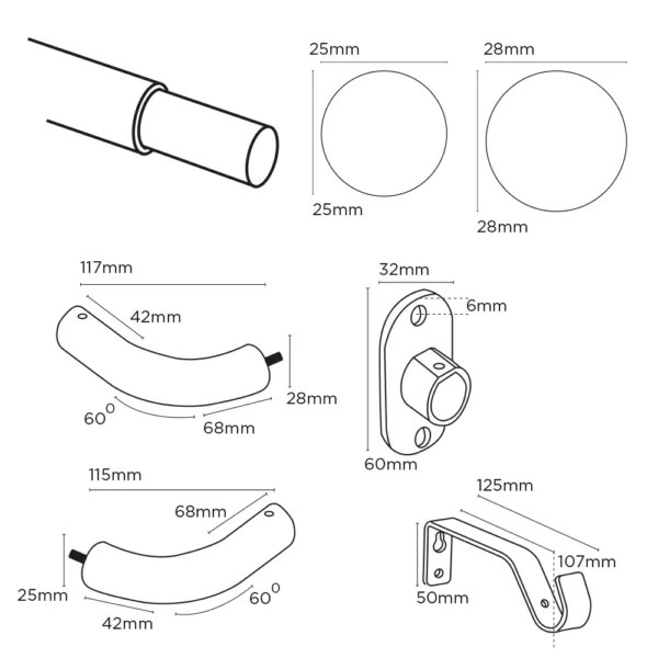 25-28mm 120-210cm Room Darkening Pole SS